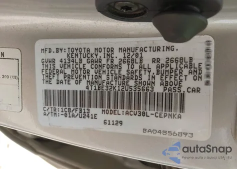 2002 Toyota Camry Le from USA, damaged, VIN 4T1BE32K12U535663